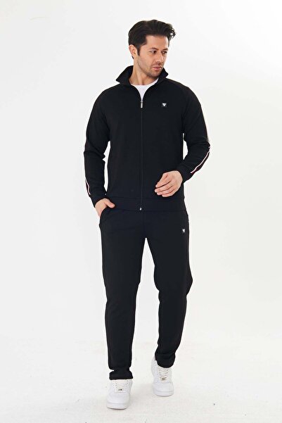 TRENDHİLL Men's Cotton Zippered Tracksuit Set Black 9530-S