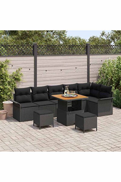 vidaxl Set de canapele pentru gradina cu perna 9 pcs Negru poliratan