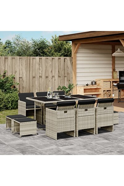 vidaxl Set mobilier de gradina cu perne 11 piese gri deschis poliratan