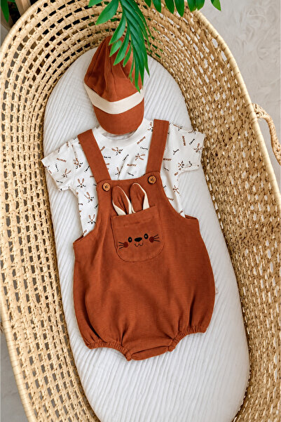 MİNİKİNCİBABY Erkek Bebek Waffle Şapkalı Tavşan Salopet Body Takımı