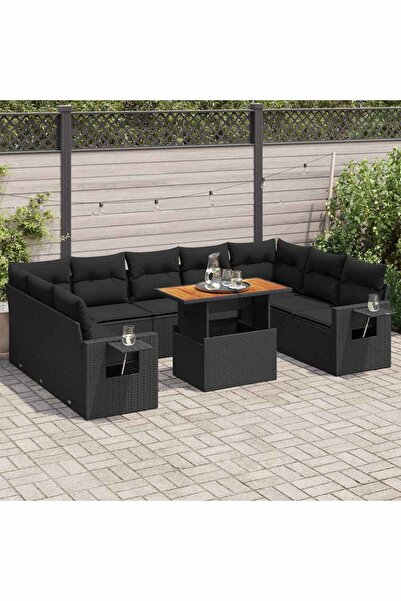 vidaxl Set canapele de gradina cu perne, 10 piese, negru, poliratan