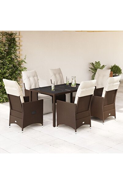 vidaxl Set bistro de gradina cu perne, 7 piese, maro, poliratan