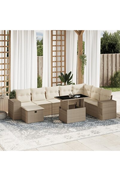 vidaxl Set canapele de gradina, 9 piese, cu perne, bej, poliratan