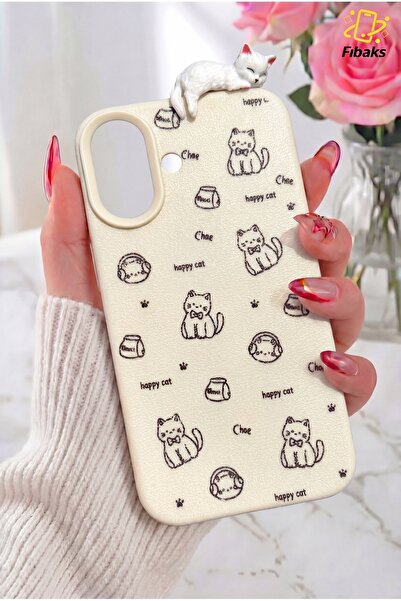 Fibaks iPhone 17 Kılıf 3D Uyuyan Kedi Figürlü Happy Cat Desenli Darbe Emici E...