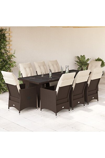 vidaxl Set bistro de gradina cu perne, 9 piese, maro, poliratan