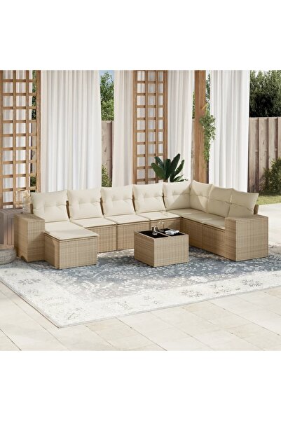 vidaxl Set canapele de gradina, 9 piese, cu perne, bej, poliratan
