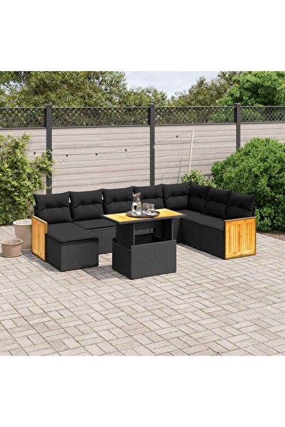 vidaxl Set mobilier de gradina cu perne, 9 piese, negru, poliratan