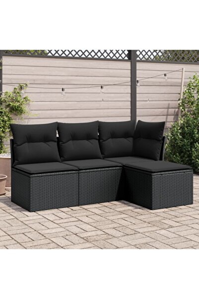 vidaxl Set mobilier de gradina cu perne, 4 piese, negru, poliratan