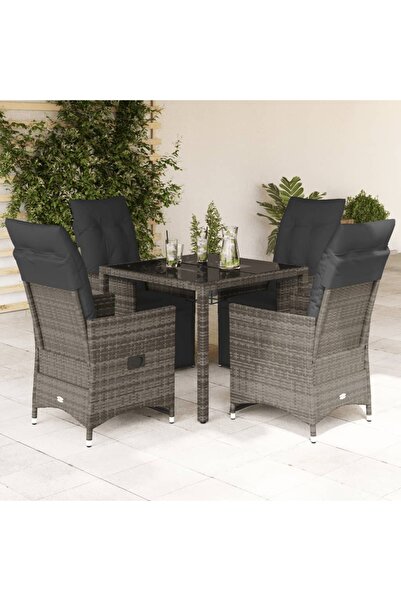 vidaxl Set bistro de gradina cu perne, 5 piese, gri, poliratan
