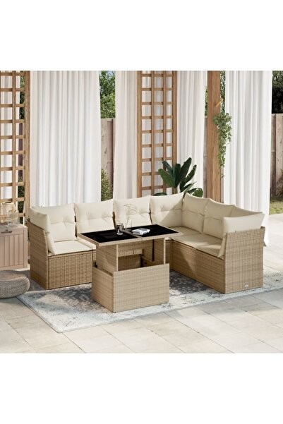vidaxl Set canapele de gradina, 7 piese, cu perne, bej, poliratan