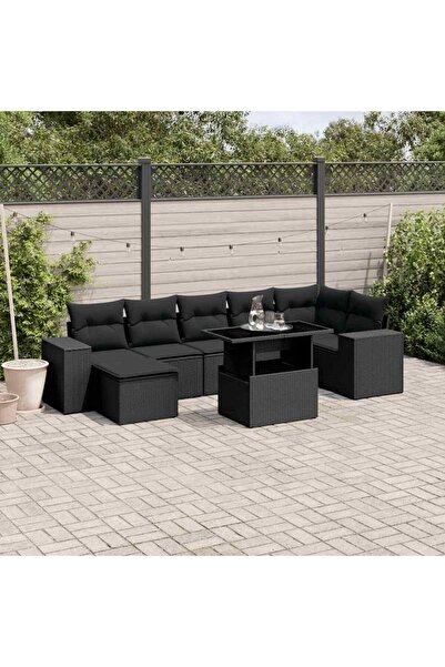 vidaxl Set mobilier de gradina cu perne, 8 piese, negru, poliratan