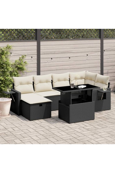 vidaxl Set canapele de gradina cu perne, 7 piese, negru, poliratan