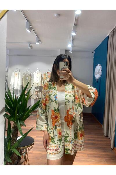 Quzu Bohem Çiçek Desenli Bağcıklı Kimono Ceket