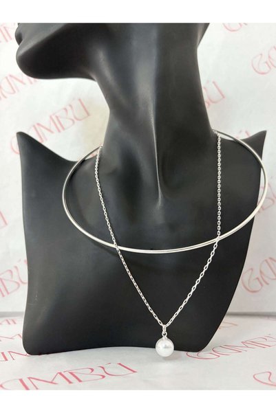 GAMBU Pearl Detailed Double Chain Silver Color Women's Necklace