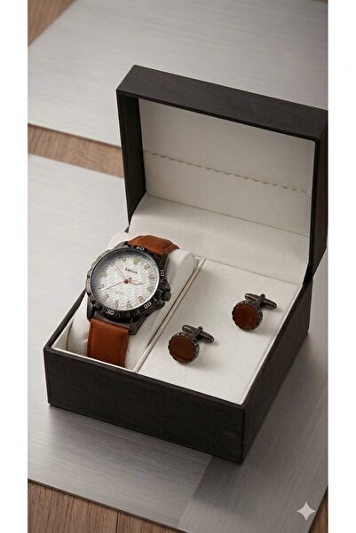 LOZAN Men's Gift Leather Watch Set 2Pcs/Set (Watch+Brooch)