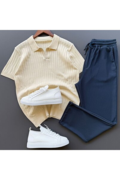 Beylerce Nurse Collar Ribbed Knitwear T-Shirt + Ribbed Trousers 2-Piece Combi...