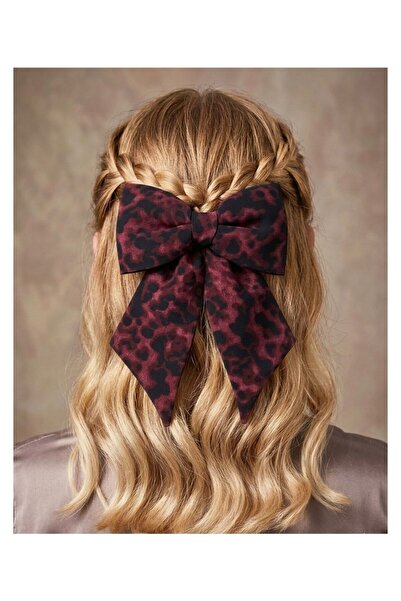 JZ MODA Burgundy Leopard Patterned Luxury Chiffon Bow Automatic Buckle