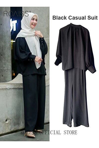 ROAISS طقم نسائي كاجوال مكون من قطعتين: بلوزة بأكمام طويلة وبنطال من نفس اللو...