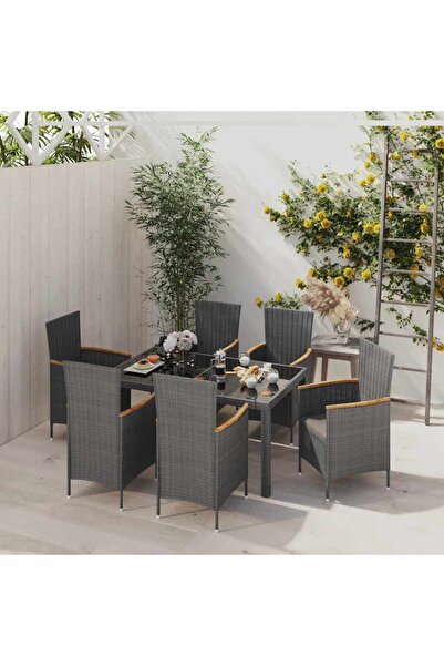 vidaxl Set mobilier exterior cu perne, 7 piese, negru/gri, poliratan
