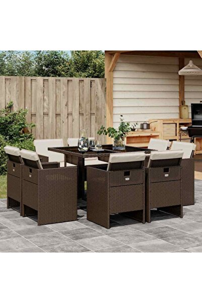 vidaxl Set mobilier de gradina cu perne, 9 piese, maro, poliratan
