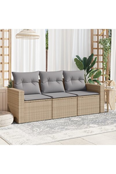 vidaxl Set canapele de gradina, 3 piese, cu perne, bej, poliratan