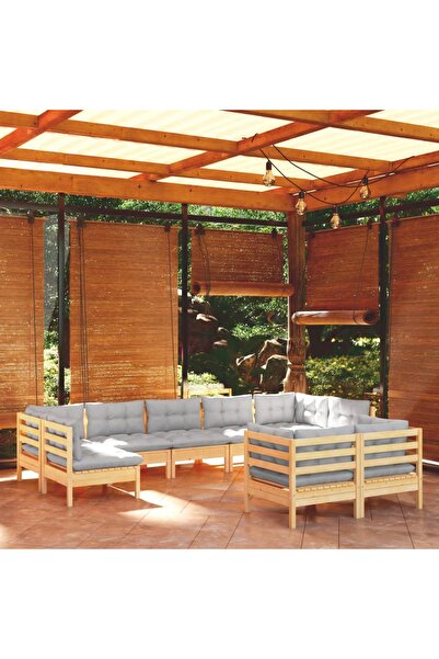vidaxl Set mobilier de gradina cu perne gri, 9 piese, lemn masiv pin