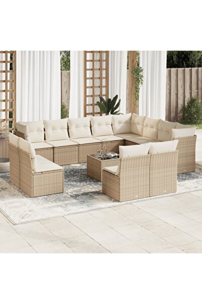 vidaxl Set canapele de gradina, 13 piese, cu perne, bej, poliratan