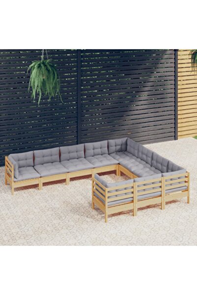 vidaxl Set mobilier de gradina cu perne gri 10 piese lemn masiv de pin