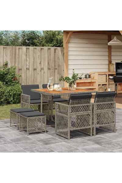 vidaxl Garden furniture set with cushions, 9 pieces, grey, polyrattan