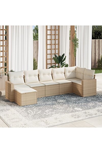 vidaxl Set canapele de gradina, 7 piese, cu perne, bej, poliratan