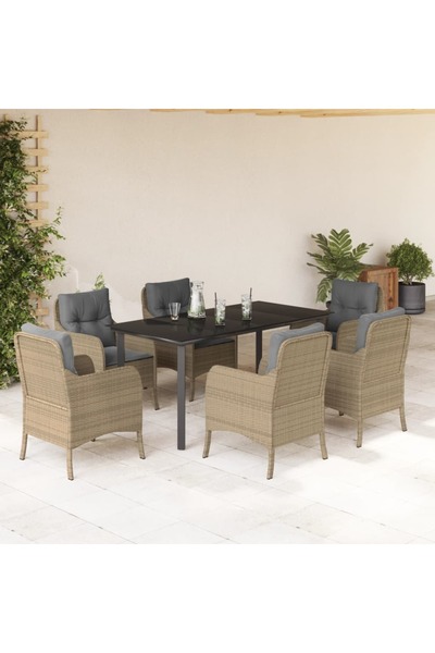 vidaxl 7-piece garden table set with cushions, beige, polyrattan