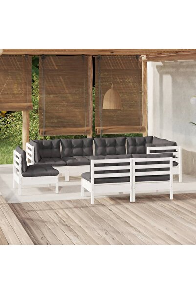 vidaxl Set mobilier de gradina cu perne, 8 piese, alb, lemn masiv pin