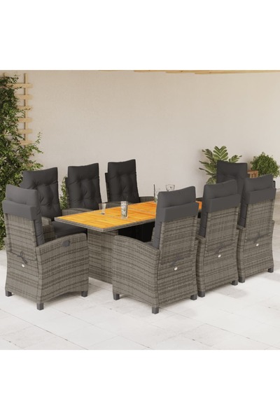 vidaxl Garden furniture set with cushions, 9 pieces, grey, polyrattan