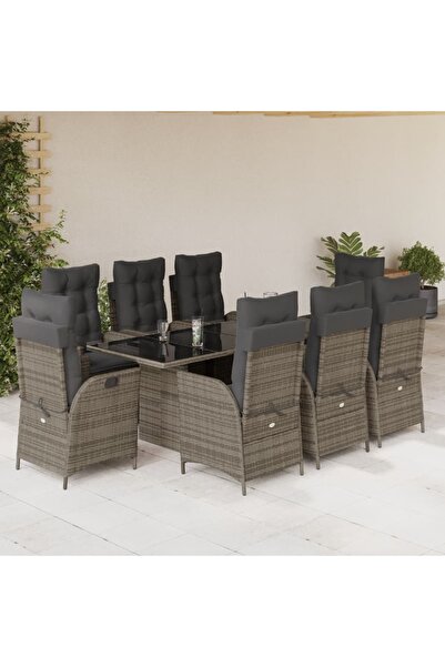 vidaxl Garden furniture set with cushions, 9 pieces, grey, polyrattan