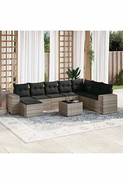 vidaxl Garden sofa set with cushions, 9 pieces, light grey, polyrattan