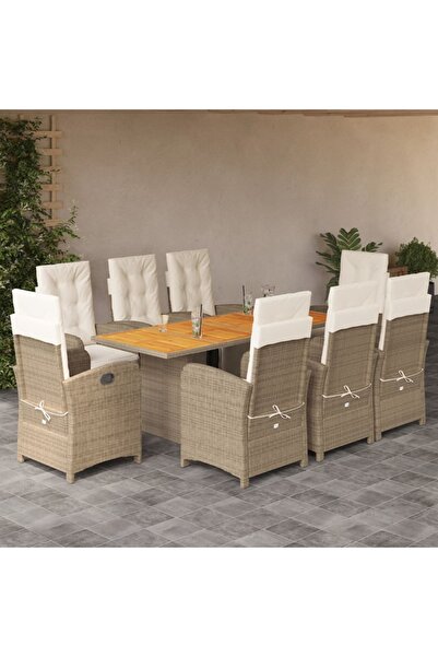 vidaxl 9-piece garden table set with cushions, beige, polyrattan