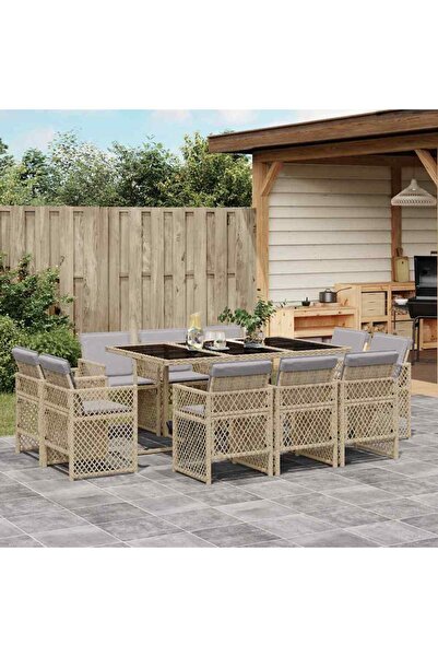 vidaxl Garden furniture set with cushions, 11 pieces, beige, combined polyrattan