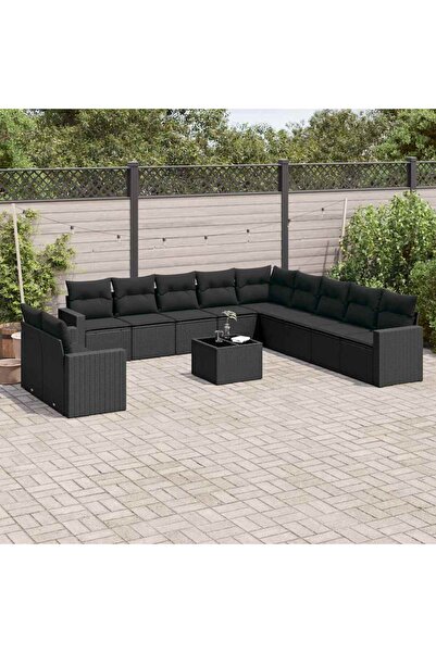 vidaxl Set canapele de gradina, 12 piese, cu perne, negru, poliratan