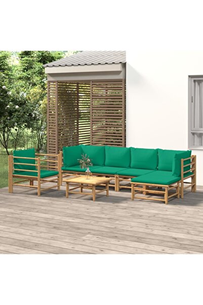 Concept Set mobilier de grădină cu perne verzi, 7 piese, bambus