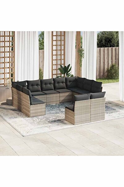 vidaxl Garden sofa set with cushions, 11 pieces, grey, polyrattan