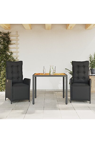 vidaxl Garden furniture set with cushions, 3 pieces, black, polyrattan