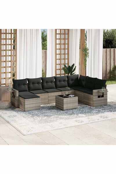 vidaxl Garden sofa set with cushions, 9 pieces, light grey, polyrattan