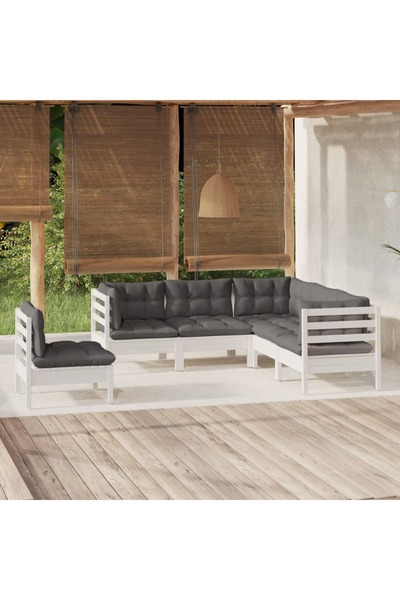 vidaxl Set mobilier gradina cu perne, 5 piese, alb, lemn de pin