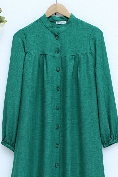 Modamorfo Hakim Collar Buttoned Linen Tunic - Forest Green