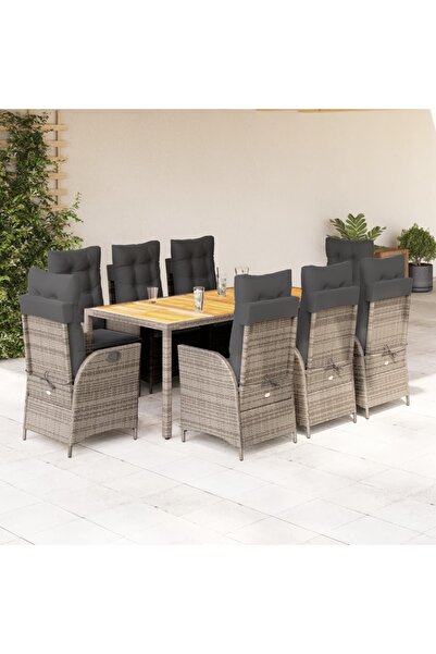 vidaxl Garden furniture set with cushions, 9 pieces, grey, polyrattan