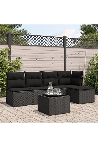 vidaxl Garden furniture set with cushions, 6 pieces, black, polyrattan