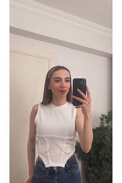 Erl Kadın Beyaz Zincir Detaylı Korse Görünümlü Fitilli Crop Bluz