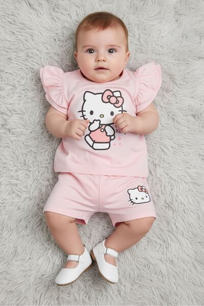 SANRIO طقم تي شيرت وشورت بطبعة جرافيك بأكمام قصيرة للفتيات الصغيرات من هالو ك...
