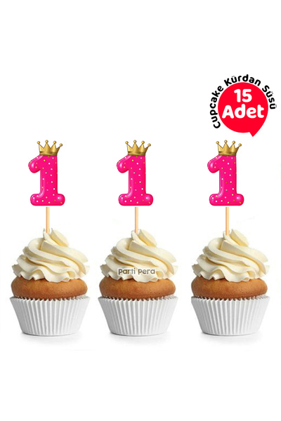 parti pera 1 Yaş Pembe Rakam Taçlı Şekilli Cupcake Kürdan Süsü 15 Adet