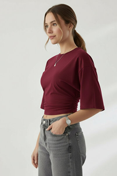 Geco Women's Premium Waist-Fitted Wide Sleeve Burgundy Blouse